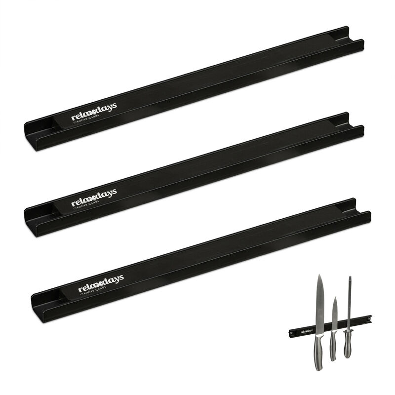 foto del prodotto relaxdays set da 3 barra magnetica, striscia lunga 30 cm, appendi utensili e coltelli acciaio inox, guida a parete, nero