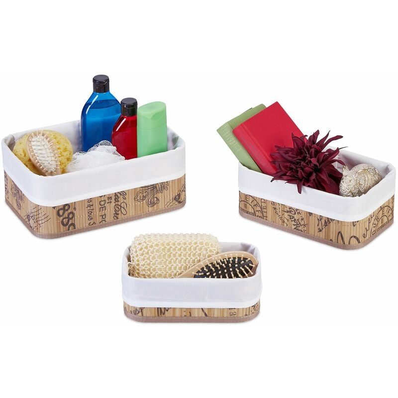 foto del prodotto relaxdays set da 3 cestini portaoggetti, per cosmetici o asciugamani, design vintage, varie dimensioni, bianco natura