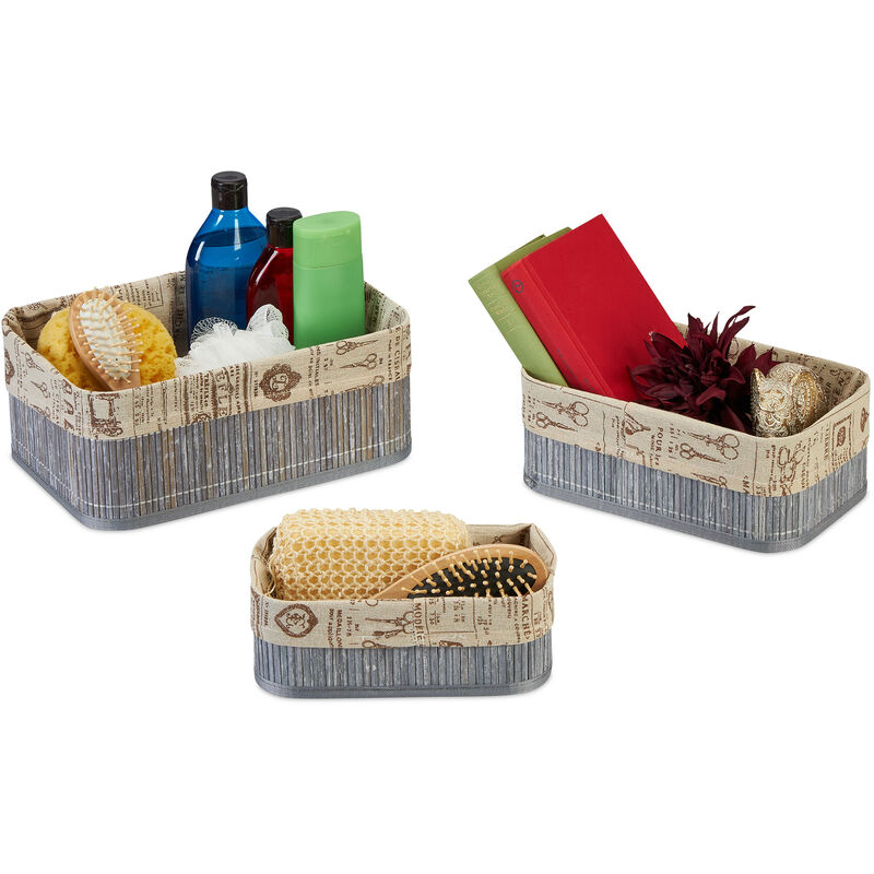 foto del prodotto relaxdays set da 3 cestini portaoggetti, per cosmetici o asciugamani, design vintage, varie dimensioni, grigio beige