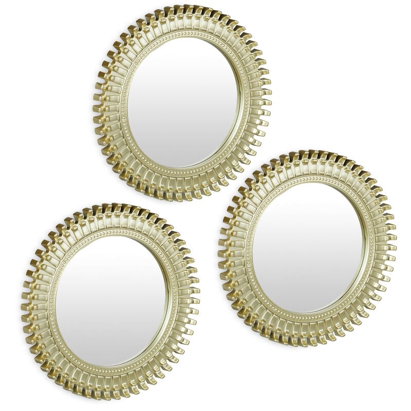 foto del prodotto relaxdays set da 3 specchi decorativi, per la parete, rotondi, cornice in plastica, motivi ornamentali 25 cm, oro