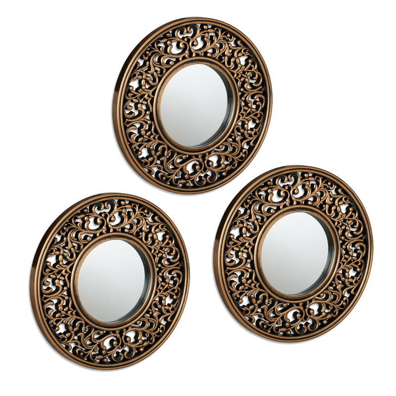 foto del prodotto relaxdays set da 3 specchi decorativi, per la parete, rotondi, cornice vintage in plastica, diametro 25 cm, oro nero