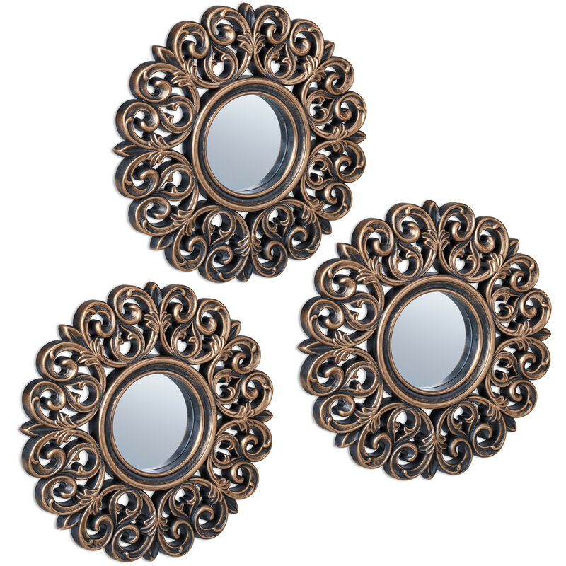 foto del prodotto relaxdays set da 3 specchi, rotondi, da parete, cornice decorativa in plastica, stile barocco, 25 cm, bronzo nero