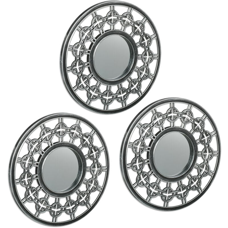 foto del prodotto relaxdays - set da 3 specchi rotondi, per la parete, cornice decorativa in plastica, diametro 25 cm, argento grigio