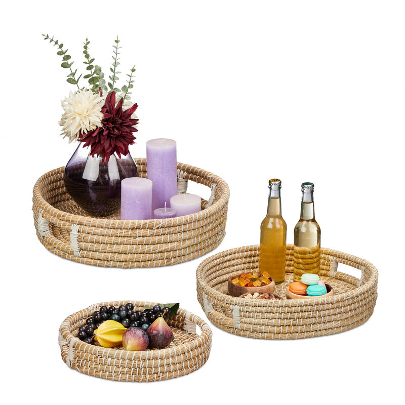 foto del prodotto relaxdays set da 3 vassoi da portata, portatazzine con manici, centrotavola svuotatasche rotondo, bordo alto, naturale