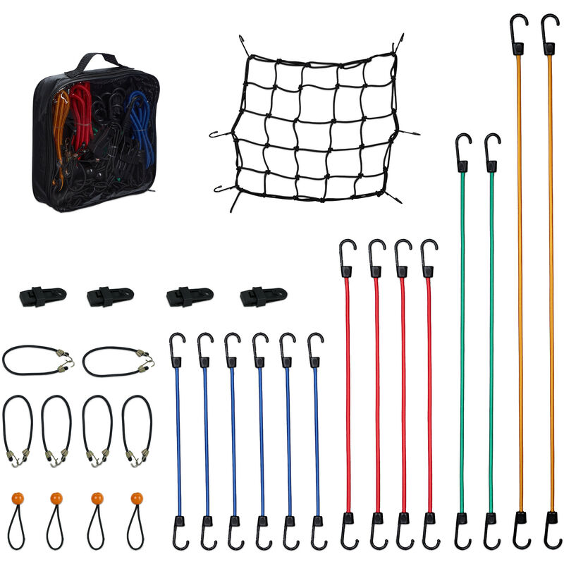foto del prodotto relaxdays set da 30 elastici portapacchi, cinghie con ganci di fissaggio pacchi in auto, bici, universali, multicolore