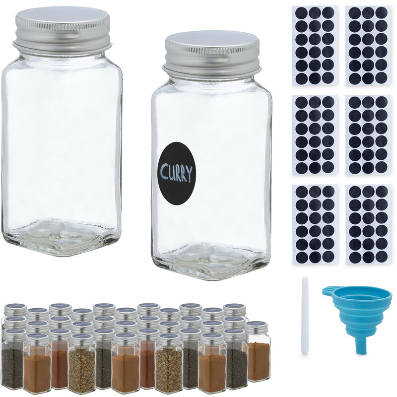 foto del prodotto relaxdays set da 36 barattoli portaspezie, contenitori in vetro, vol. 120 ml, spezie ed erbe, con etichette, trasparente