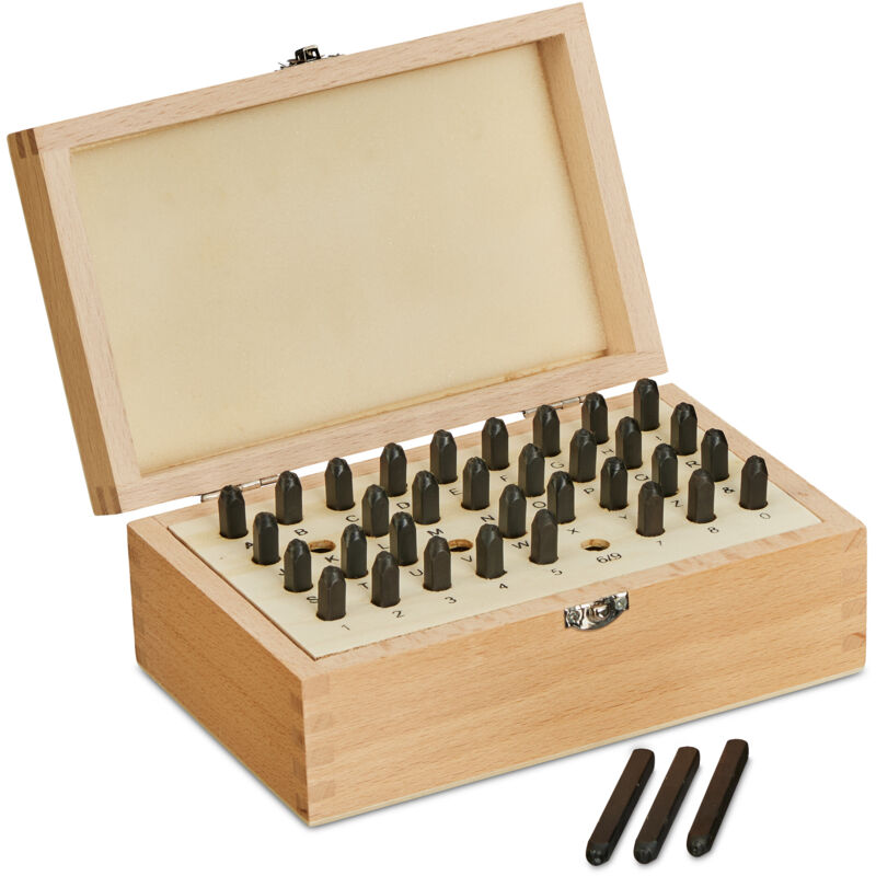 foto del prodotto relaxdays set da 36 punzoni lettere a z e numeri 0 9, stampi in rilievo 3 mm, kit timbro incisione metallo e cuoio, nero