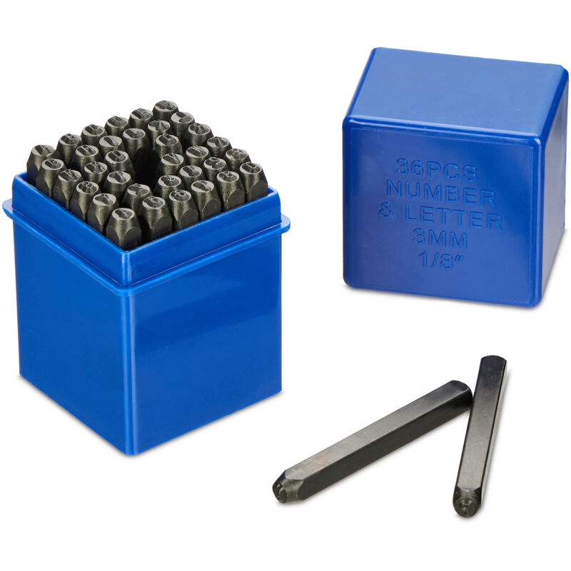 foto del prodotto relaxdays set da 36 punzoni lettere a z e numeri 0 9, stampi in rilievo 3 mm, kit timbro incisione metallo e cuoio, nero