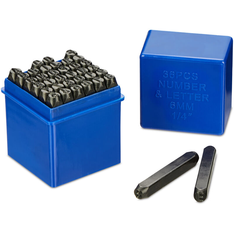 foto del prodotto relaxdays set da 36 punzoni lettere a z e numeri 0 9, stampi in rilievo 6 mm, kit timbro incisione metallo e cuoio, nero