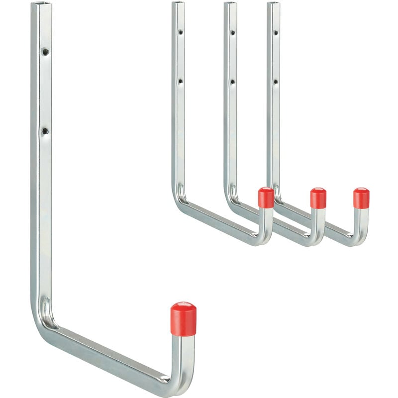 foto del prodotto relaxdays set da 4 ganci porta utensili da parete, fino a 40 kg, attrezzi da giardino e officina, acciaio, argento rosso