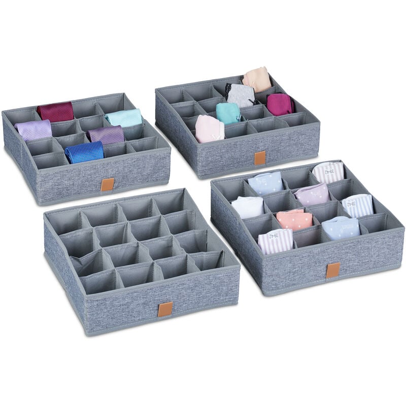 foto del prodotto relaxdays set da 4 organizer per cassetti biancheria, box per armadi, per mutande, calze, cravatte e cinture, grigio