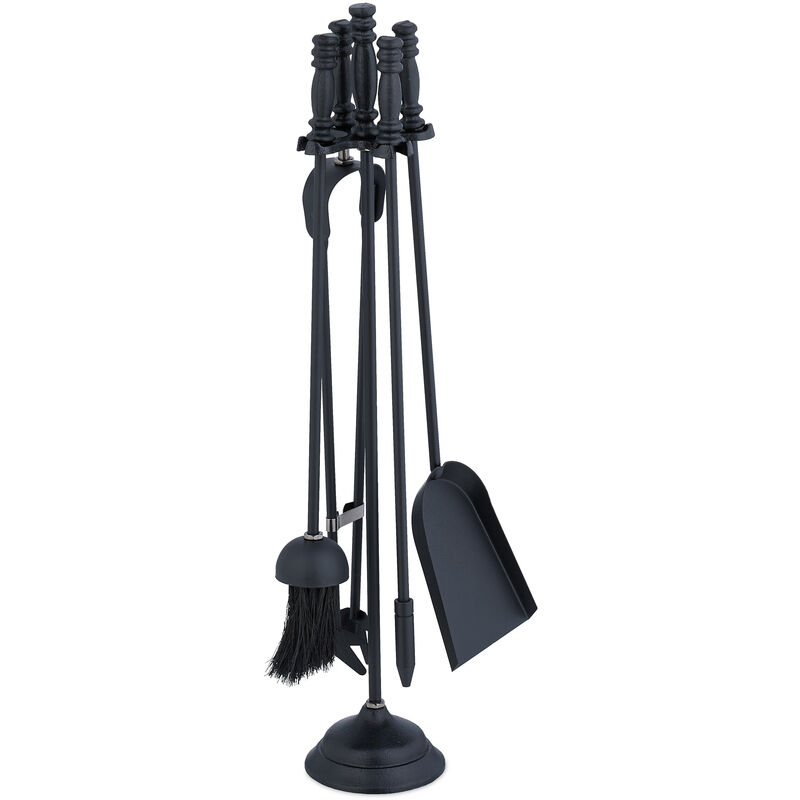 foto del prodotto relaxdays set da 5 attrezzi da camino o stufa, attizzatoio, pala, scopino, pinza e supporto porta utensili, ferro, nero