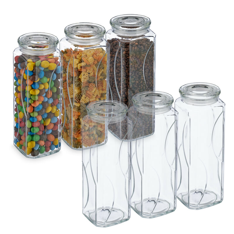 foto del prodotto relaxdays set da 6 barattoli per alimenti con coperchio in vetro, recipienti da 1650 ml, conserve cucina, trasparente