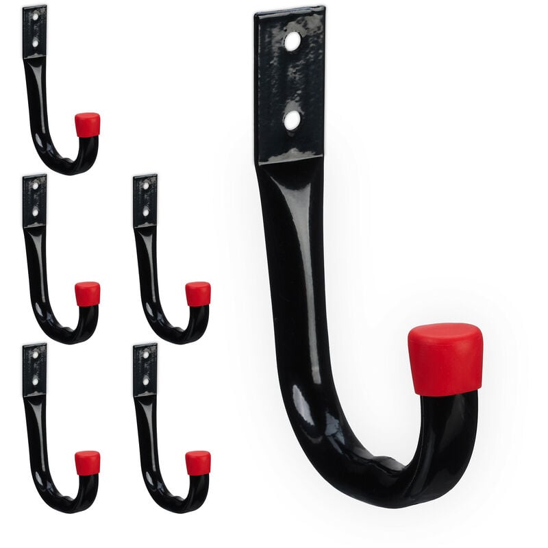 foto del prodotto relaxdays set da 6 ganci porta utensili, parete, attrezzi da giardino e officina, fino 18 kg, in acciaio, nero rosso