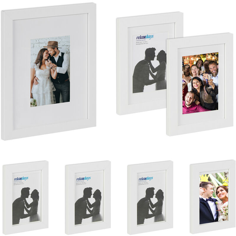 foto del prodotto relaxdays set da 7 cornici portafoto, in varie misure, porta foto con passpartout, da muro e tavolo, casa, bianco