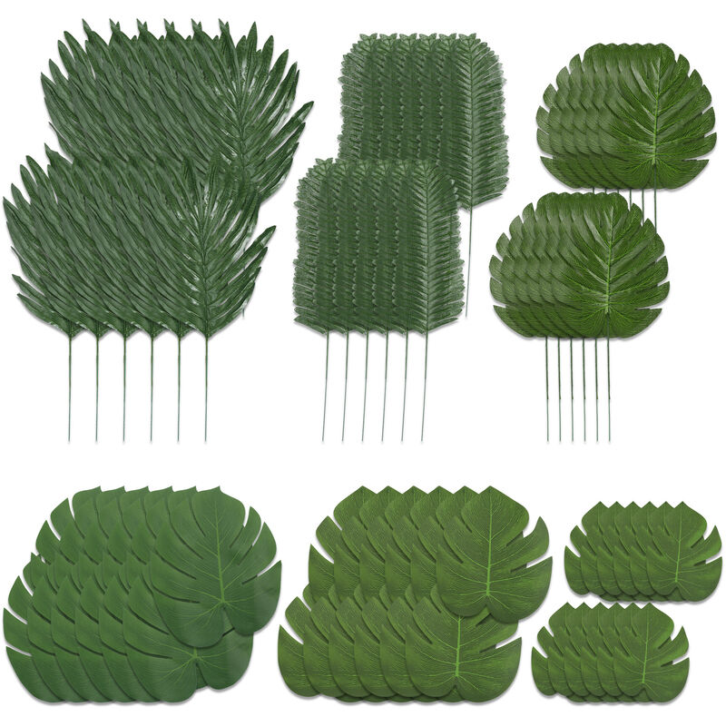 foto del prodotto relaxdays set da 72 foglie tropicali decorative, fogliame artificiale di monstera, felce e palma, deco per feste, verde