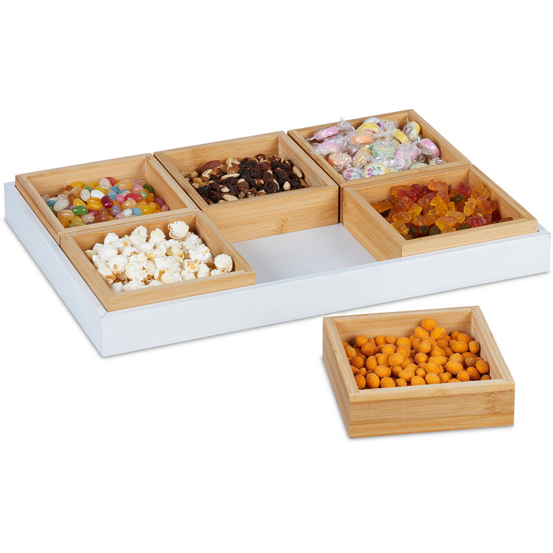 foto del prodotto relaxdays set di ciotoline per snack, con vassoio da portata, bamb , 6 ciotole, patatine, frutta secca, naturale bianco