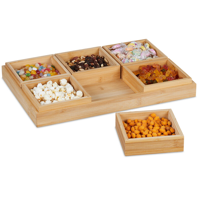 foto del prodotto relaxdays set di ciotoline per snack, con vassoio da portata, in bamb , 6 ciotole, per patatine, frutta secca, naturale