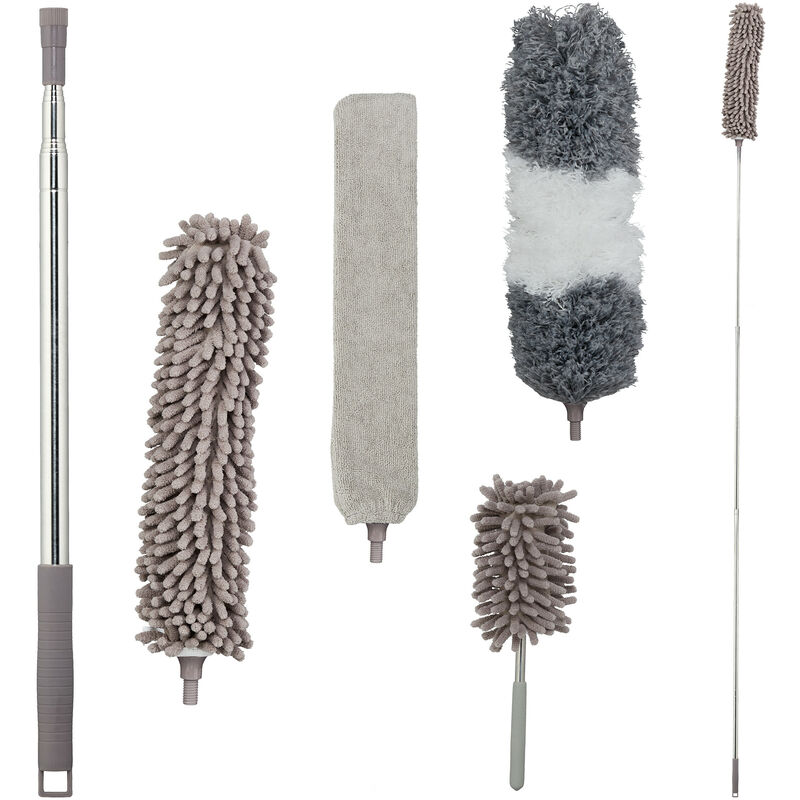 foto del prodotto relaxdays set di spolverini per polvere, 3 inserti, 1 spazzolone asta telescopica fino 2,5 m lavabile pieghevole, grigio