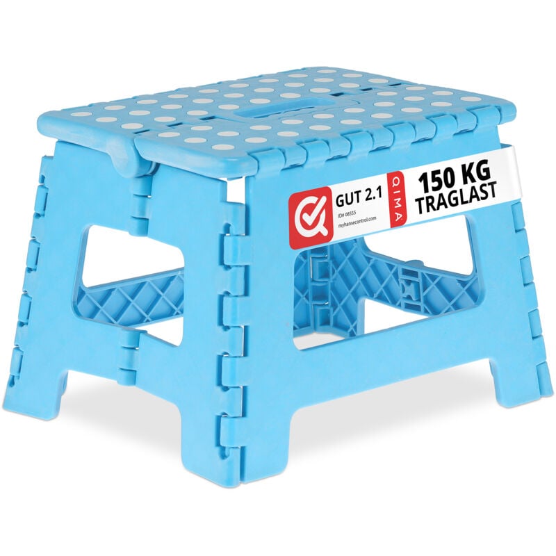 foto del prodotto relaxdays sgabello pieghevole, sgabellino antiscivolo con un gradino e manico, fino a 120 kg, 22,5 x 32 x 25 cm, blu
