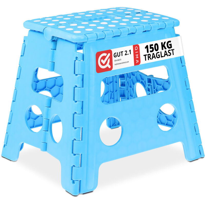 foto del prodotto relaxdays sgabello pieghevole, sgabellino antiscivolo con un gradino e manico, fino a 120 kg, 32,5 x 37 x 30 cm, blu