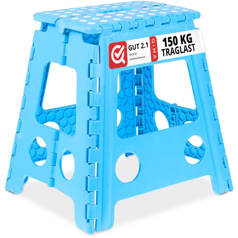 foto del prodotto relaxdays sgabello pieghevole, sgabellino antiscivolo con un gradino e manico, fino a 120 kg, 39 x 38,5 x 32 cm, celeste