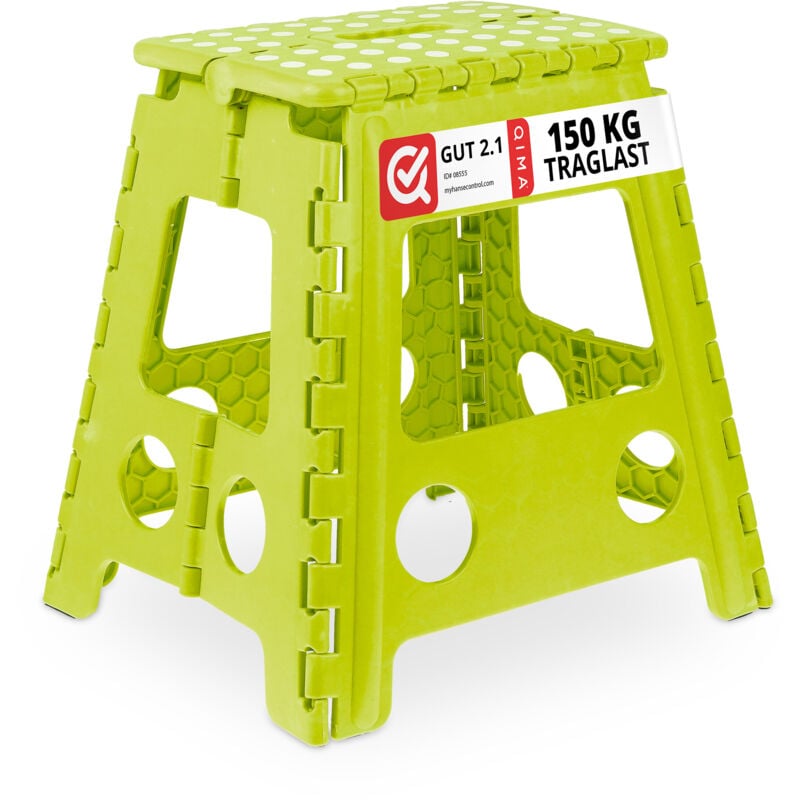 foto del prodotto relaxdays sgabello pieghevole, sgabellino antiscivolo, gradino con manico, regge 120 kg, hlp 39x38,5x32 cm, verde chiaro