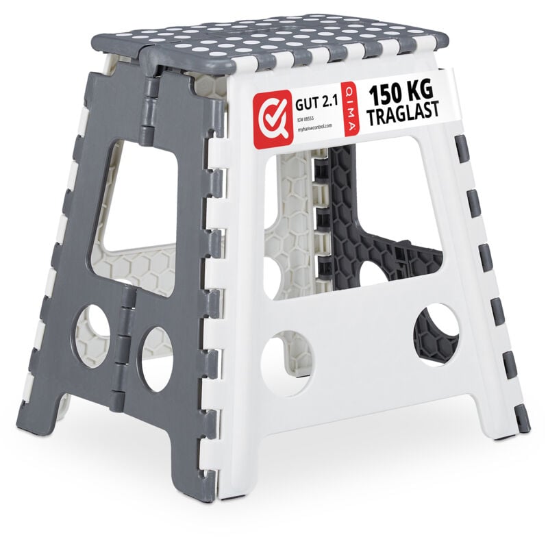 foto del prodotto relaxdays sgabello pieghevole xl, sgabellino con gradino e manico fino a 120 kg plastica, 39,5x38,5x32 cm, grigio bianco