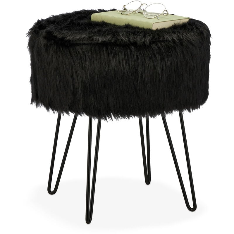 foto del prodotto relaxdays sgabello pouf in morbido pelo, poggiapiedi rotondo imbottito, seggiola gambe in acciaio, hxd 41 x 37 cm, nero