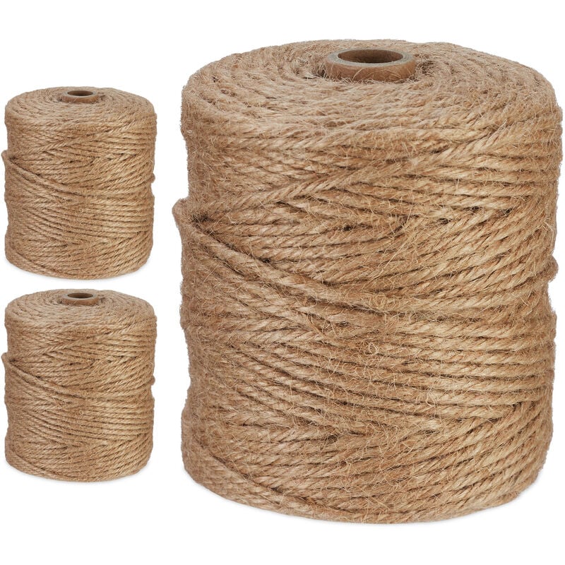foto del prodotto relaxdays spago di iuta 3 mm, 3 rotoli juta 100 m ciascuno, corda ecosostenibile per artigianato, imballaggio, marrone