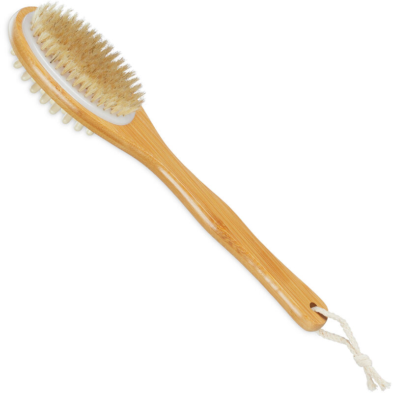 foto del prodotto relaxdays spazzola schiena doccia, doppia testa lavaschiena, body brushing con manico antiscivolo 37 cm, naturale bianco