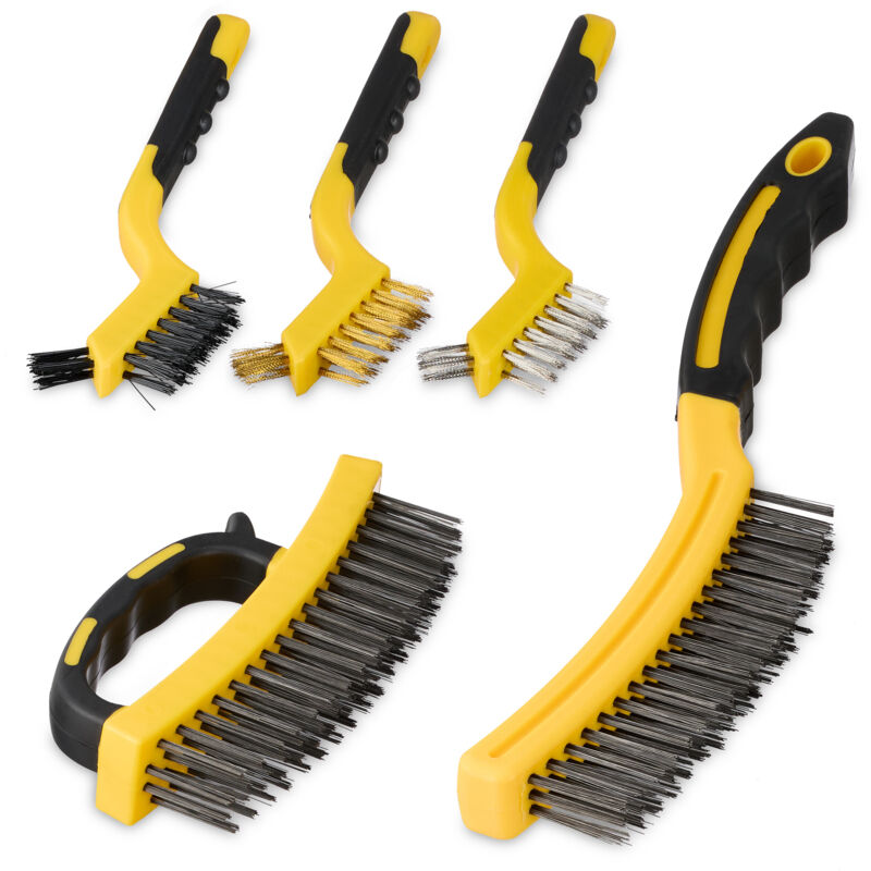 foto del prodotto relaxdays spazzole metalliche, set da 5, setole in acciaio, nylon e ottone, manico ergonomico in plastica, giallo nero