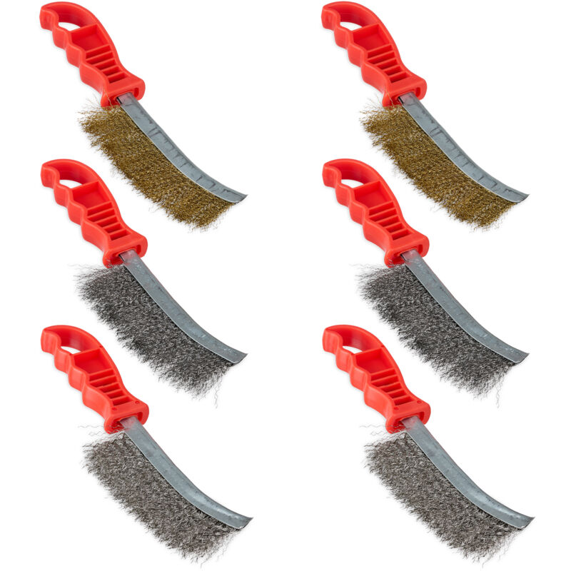 foto del prodotto relaxdays spazzole metalliche, set da 6, setole in acciaio, nylon e ottone, manico ergonomico in plastica, colorato