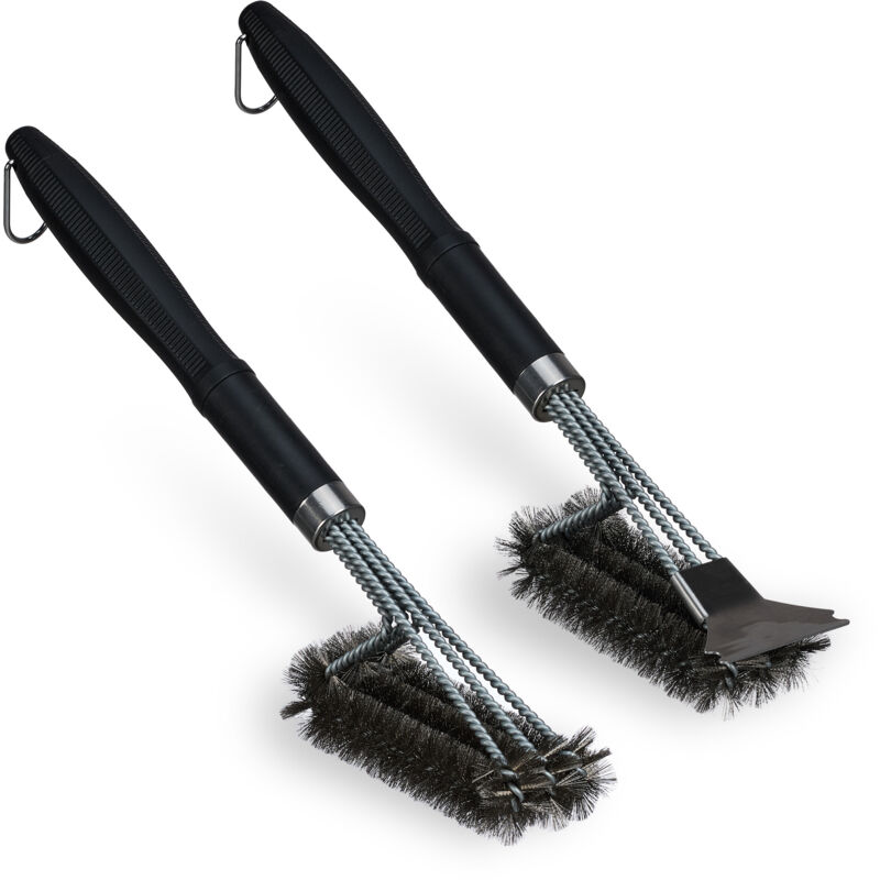 foto del prodotto relaxdays spazzole per barbecue, set da 2, grill brush con setole in acciaio inossidabile, con raschietto, l 45 cm, nero