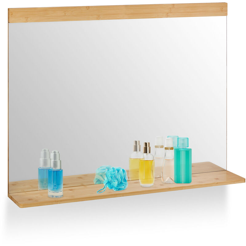 foto del prodotto relaxdays specchio da bagno con mensola da parete, specchiera rettangolare con ripiano, hlp 68,5x90 cm, bamb , naturale