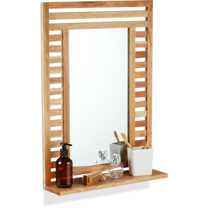 foto del prodotto relaxdays specchio da parete da bagno, specchiera rettangolare con ripiano e cornice in legno, 70 x 50 x 12 cm, marrone