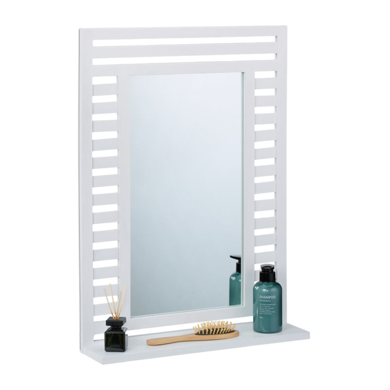 foto del prodotto relaxdays specchio da parete da bagno, specchiera rettangolare con ripiano e cornice in legno, hlp 70x50x12 cm, bianco