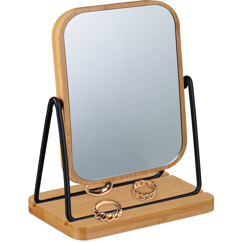 foto del prodotto relaxdays specchio da trucco con cornice in bamb e metallo, specchietto girevole da tavolo, 23x14,5x10 cm, nero marrone