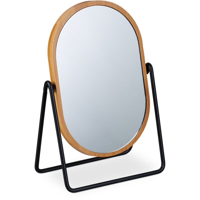 foto del prodotto relaxdays specchio da trucco con cornice in bamb , metallo, 360 , specchietto da tavolo, hxl 18x12 cm, nero naturale