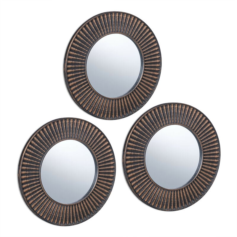 foto del prodotto relaxdays specchio decorativo a forma di sole, set da 3, rotondo, da parete, cornice plastica, diametro 25 cm, oro nero