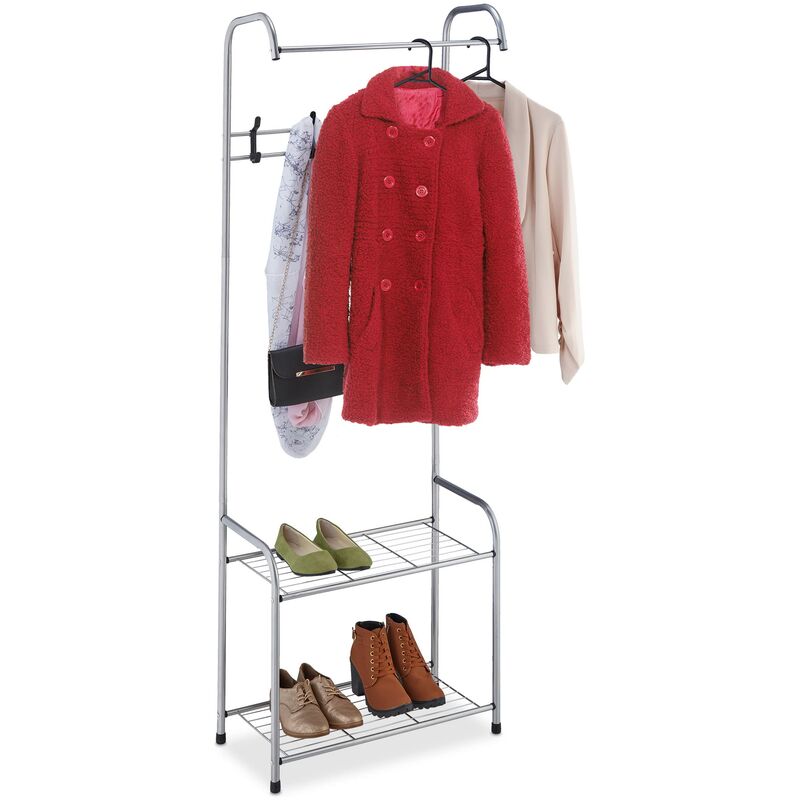 foto del prodotto relaxdays stand appendiabiti con 2 ripiani porta scarpe, 1 asta attaccapanni, 4 appendini, hlp 173x60x31 cm, grigio