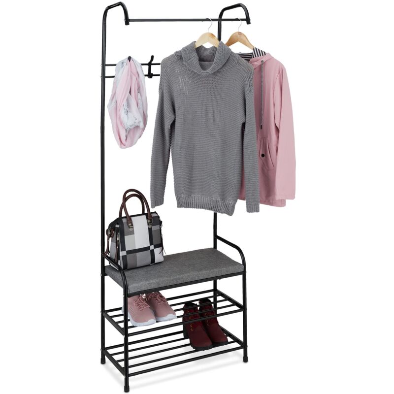 foto del prodotto relaxdays stand appendiabiti con 2 ripiani porta scarpe e panca, asta e 4 appendini, hlp 173x64x30 cm, guardaroba, nero, poliestere