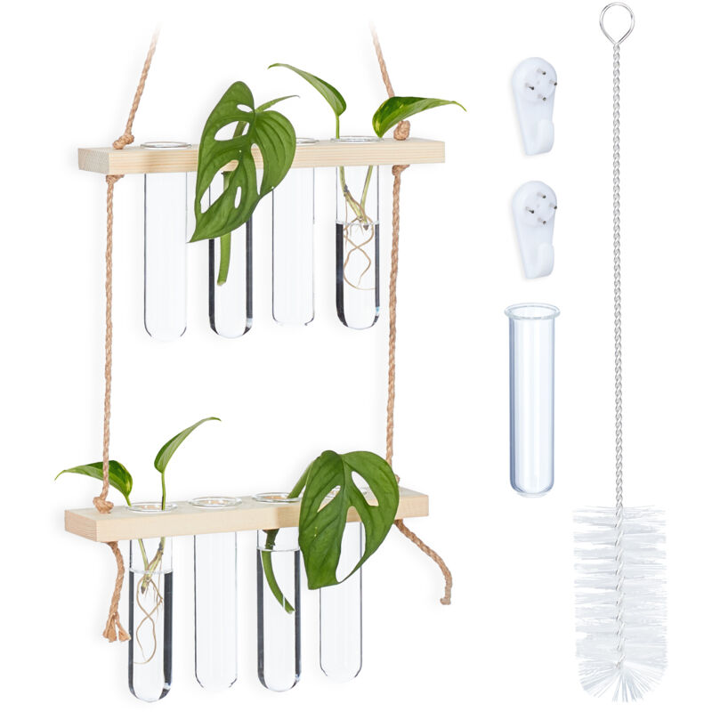 foto del prodotto relaxdays stazione d acqua per la propagazione delle piante, con ripiano in legno, a 2 livelli, naturale trasparente