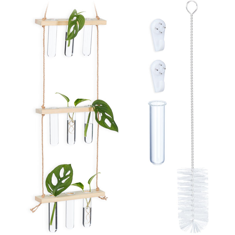 foto del prodotto relaxdays stazione d acqua per la propagazione delle piante, con ripiano in legno, a 3 livelli, naturale trasparente