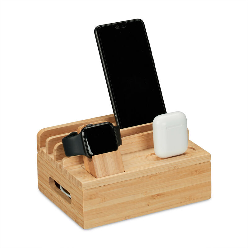 foto del prodotto relaxdays stazione di ricarica multipla, docking station bamb , apple watch, smartphone, airpods, 11x17x13 cm, naturale