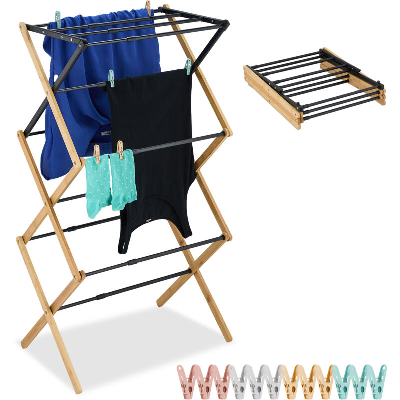 foto del prodotto relaxdays stendibiancheria pieghevole, stendino verticale a torre, 11 aste, mollette, 105x43 75x37 cm, bamb e acciaio