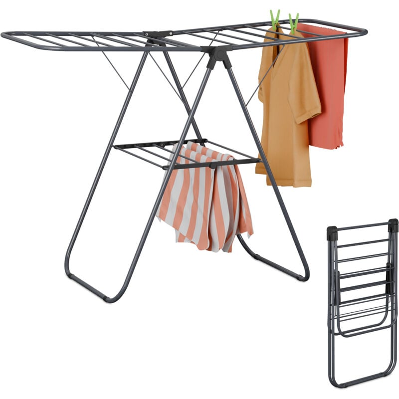 foto del prodotto relaxdays - stendino pieghevole con ali, 2 livelli stendibiancheria, hlp 93x136x58 cm, stendi biancheria, in ferro, grigio