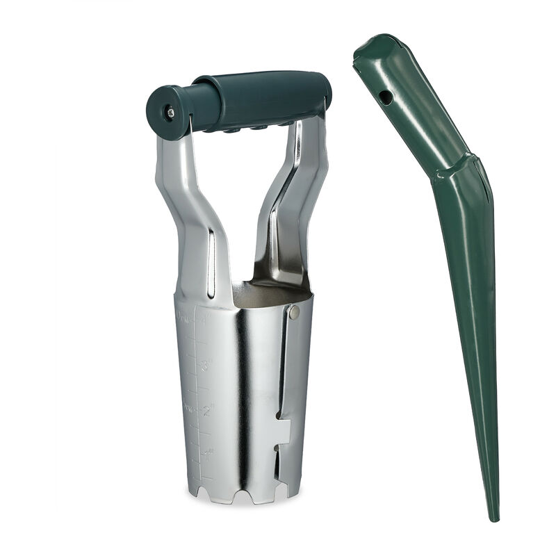 foto del prodotto relaxdays strumento piantabulbi, set da 2 attrezzi pianta bulbi fiori, piantatore piantine orto, metallo, verde argento