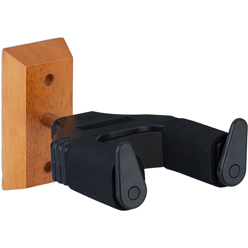 foto del prodotto relaxdays supporto chitarra muro elettrica e classica, basso, gancio portachitarra con imbottitura, legno, marrone nero