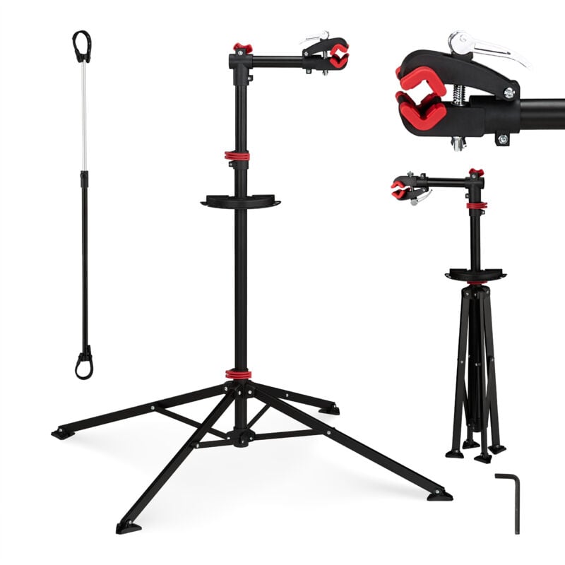 foto del prodotto relaxdays supporto per bicicletta, stand tripode per riparazione, manutenzione bicicletta, portabici, acciaio, nero